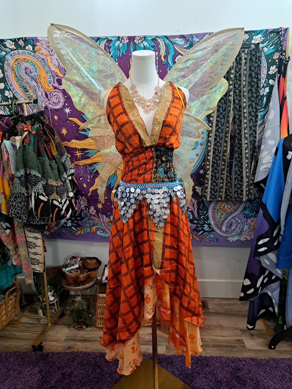 Boho Orange Plaid Maxi Dress with Coin Hip Scarf